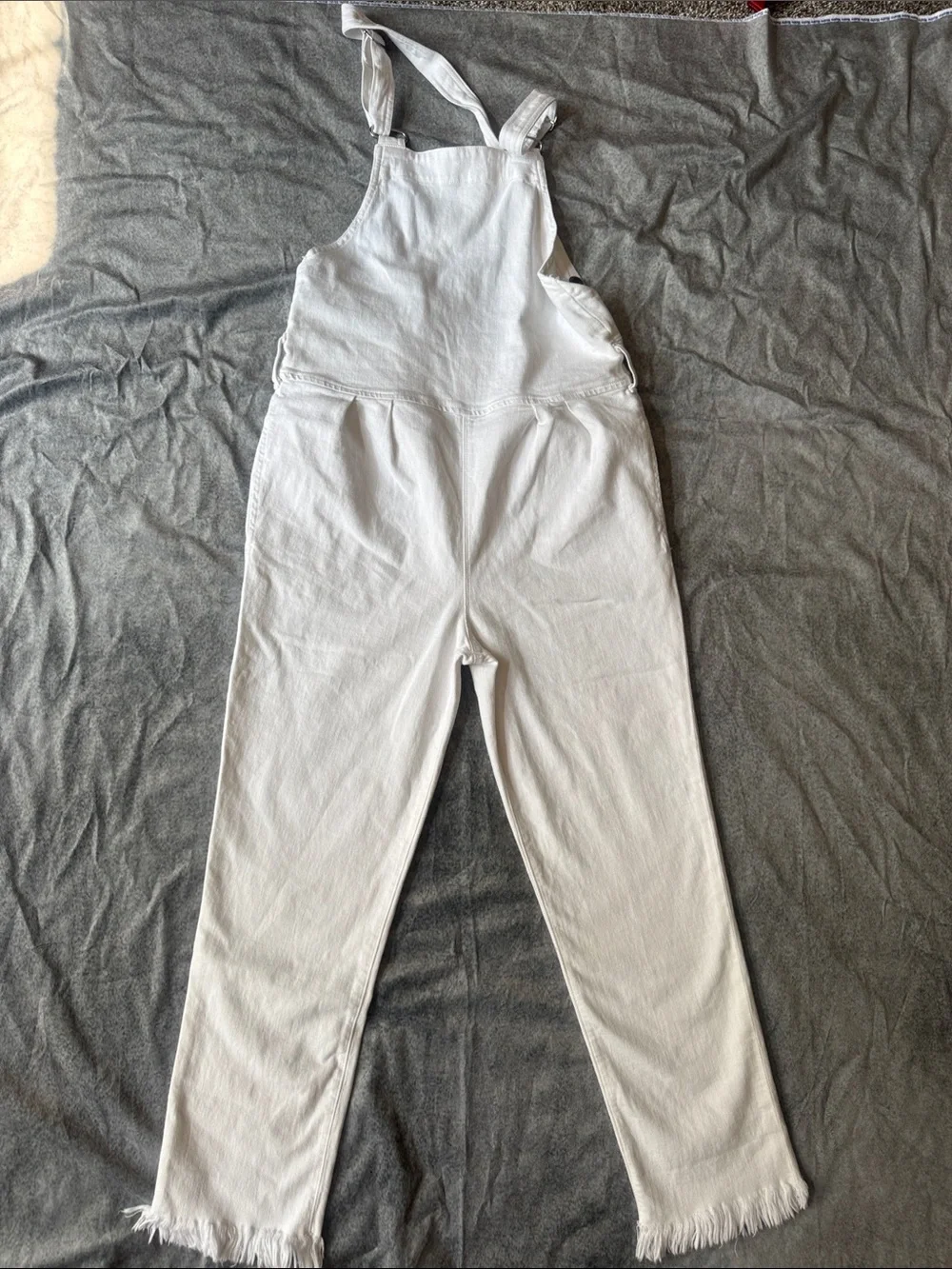 Frame Denim White Denim Overalls with Frayed Hem